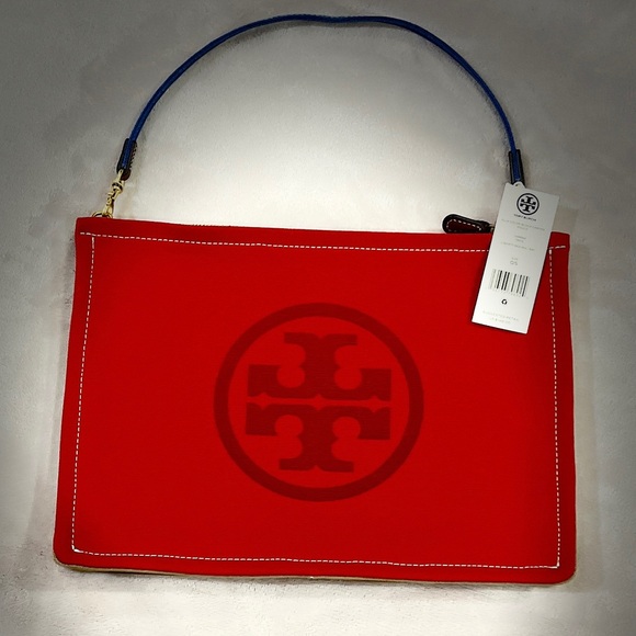 Tory Burch Handbags - Ella canvas clutch bag, leather details, zip closure, and front logo print.